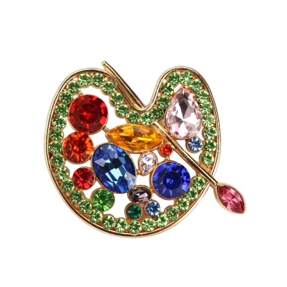 Jewelry - Bright Rhinestone Brooch Painter Artist Pallet & Brush Gold Tone